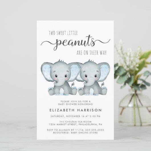Budget Olifant Twin Boys Baby shower Uitnodiging (Staand voorkant)