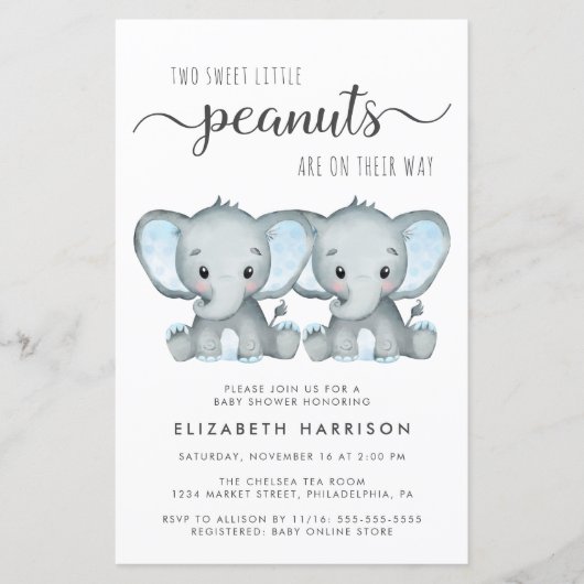 Budget Olifant Twin Boys Baby shower Uitnodiging (Voorkant)