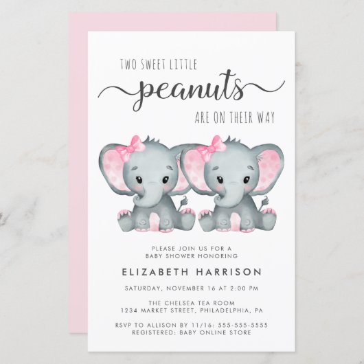 Budget Olifant Twin Meisjes Baby shower Invitation (Voorkant / Achterkant)