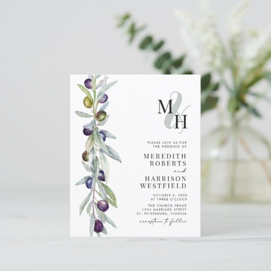 Budget Olijftak Monogram Bruiloft Uitnodiging (Staand voorkant)