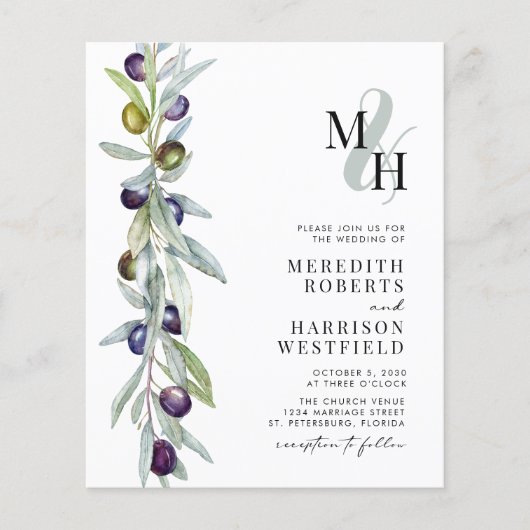 Budget Olijftak Monogram Bruiloft Uitnodiging (Voorkant)