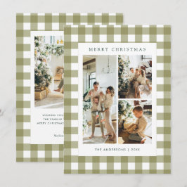 Budget Olive Green Gingham Plaid 4 Photo Christmas Feestdagenkaart