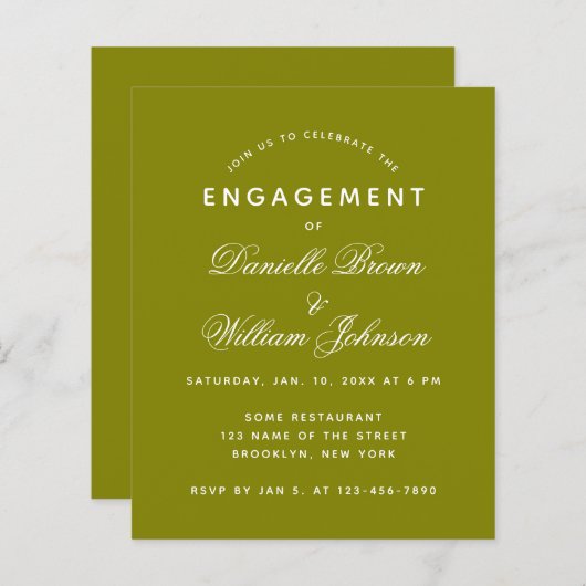 Budget Olive Green Verloving Invitation (Voorkant / Achterkant)