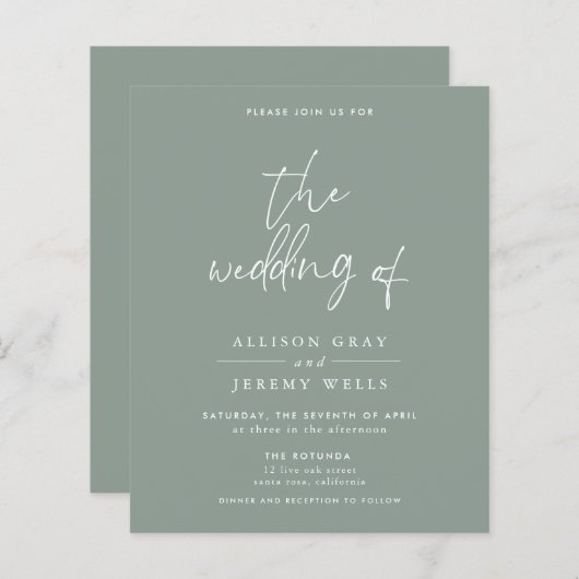 Budget Olive Wedding Invitation (Voorkant / Achterkant)