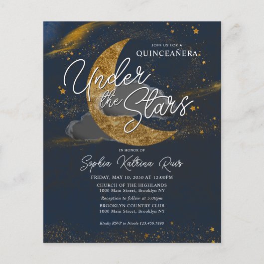 Budget Onder de sterren Blue Gold Moon Quinceanera Flyer (Voorkant)