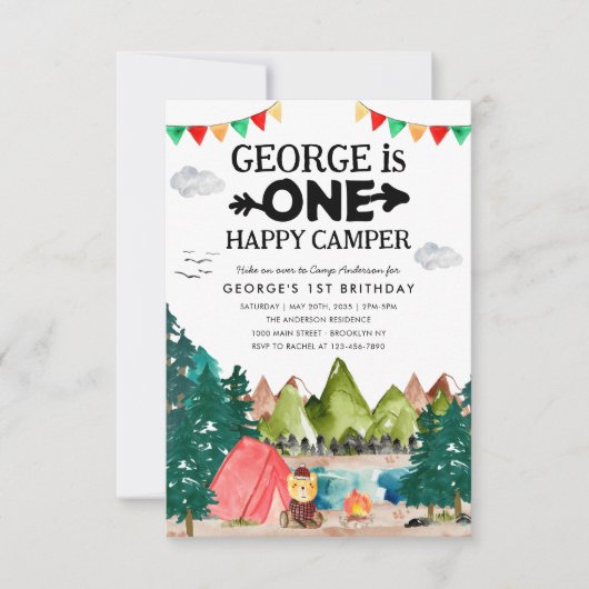 Budget ONE Happy Camper Bossen Camping 1e Verjaard Notitiekaartje (Voorkant)