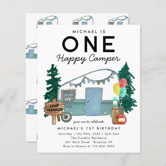 Budget ONE Happy Camper Van Forest 1e Verjaardag (Voorkant / Achterkant)