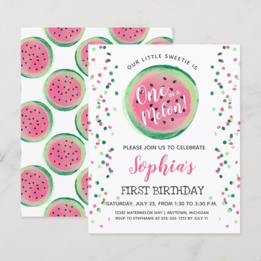 Budget One in een Melon 1st Birthday uitnodiging (Voorkant / Achterkant)