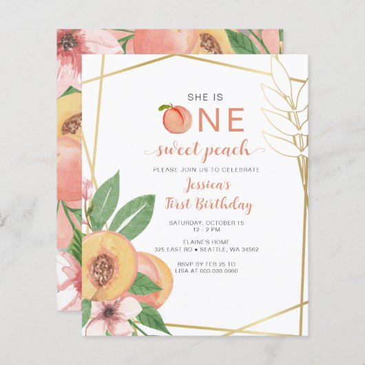 Budget One Sweet Peach First Birthday photo Invite (Voorkant / Achterkant)
