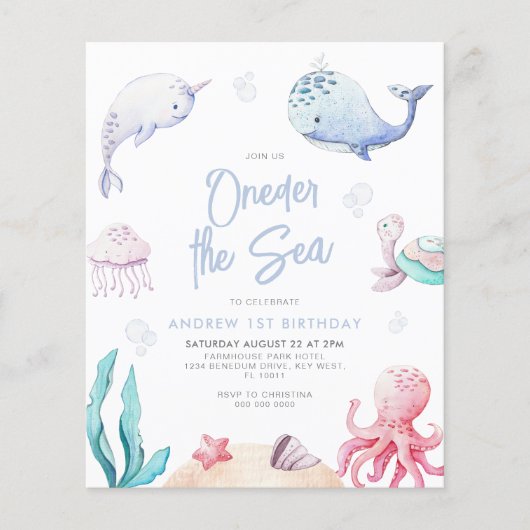 Budget ONEder Het Zee 1e verjaardagsuitnodiging (Voorkant)