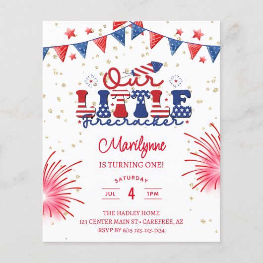 Budget Onze kleine Firecracker verjaardagsuitnodig (Voorkant)