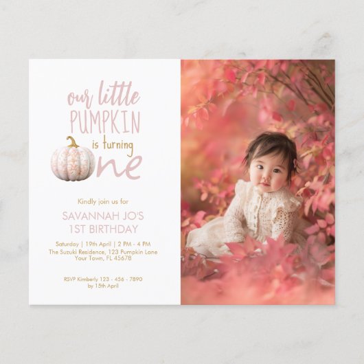 Budget Onze kleine pompoen 1e verjaardag uitnodigi (Voorkant)