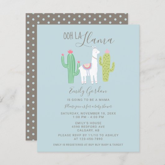 Budget Ooh La Llama Baby shower schattig blauw en  (Voorkant / Achterkant)