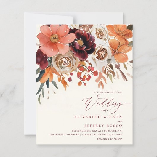 Budget Orange Floral Fall Wedding Invitation (Voorkant)