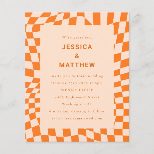 Budget Oranje Abstracte Check Wedding Uitnodiging (Voorkant)