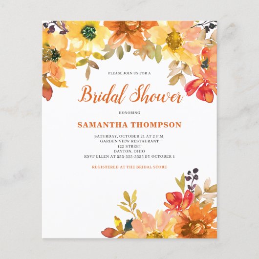 Budget Oranje Floral Bridal Shower Invitation Flyer (Voorkant)