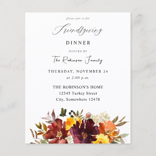 Budget Oranje & Geel Gold Floral Friendsgiving Flyer (Voorkant)