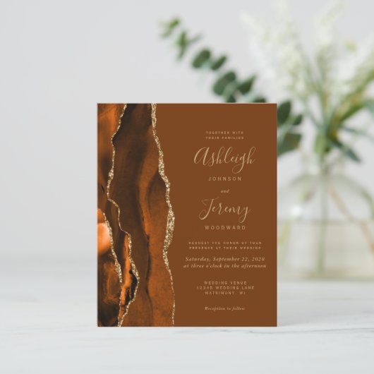 Budget Oranje Gold Brown Agate Wedding Invite (Staand voorkant)
