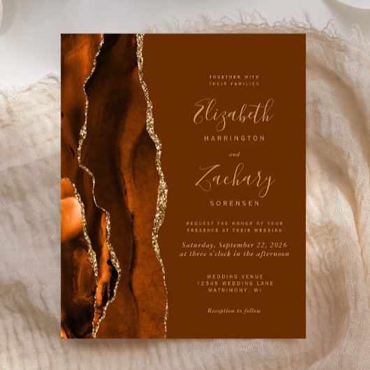 Budget Oranje Gold Brown Agate Wedding Invite