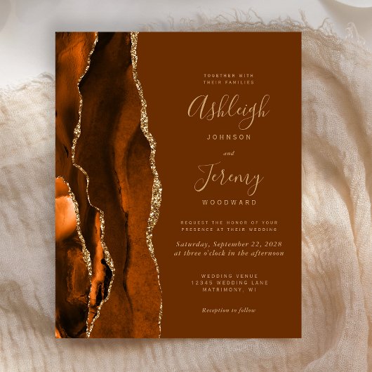 Budget Oranje Gold Brown Agate Wedding Invite