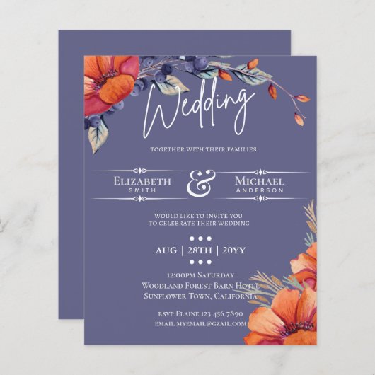 BUDGET Oranje Lavender Floral Wedding Invite (Voorkant / Achterkant)