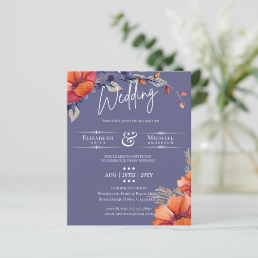 BUDGET Oranje Lavender Floral Wedding Invite (Staand voorkant)