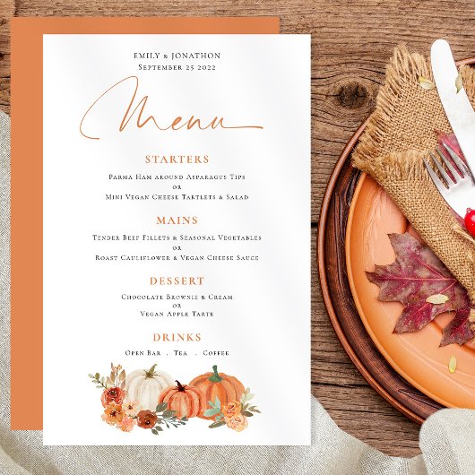 Budget Oranje Pumpkins Herfst Florals Wedding Menu