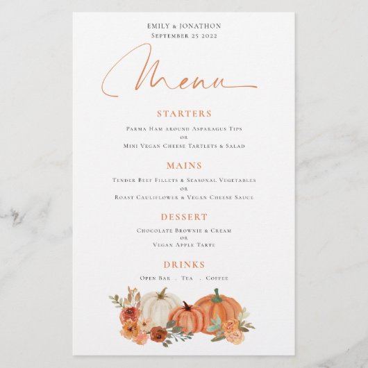 Budget Oranje Pumpkins Herfst Florals Wedding Menu (Voorkant)