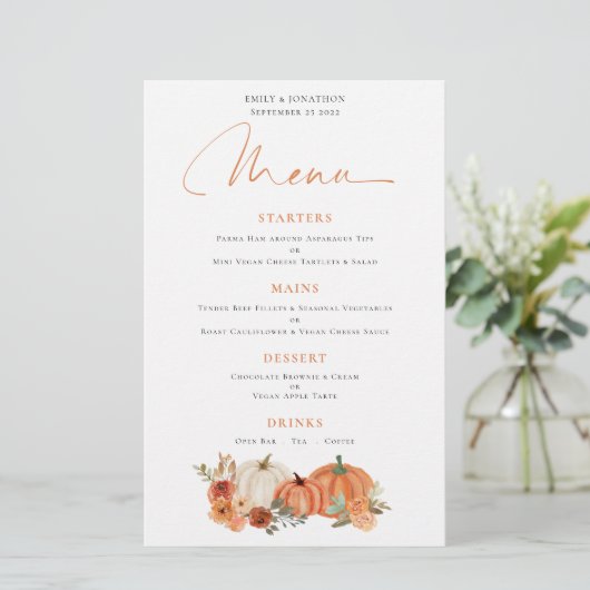 Budget Oranje Pumpkins Herfst Florals Wedding Menu (Staand voorkant)
