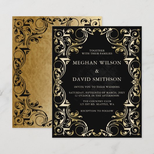 Budget ornamental Black Gold Weduwen Uitnodiging (Voorkant / Achterkant)