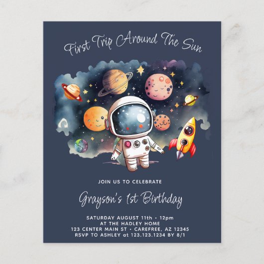 Budget Outerspace Planets 1e verjaardag uitnodigin (Voorkant)