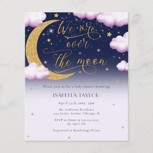 Budget Over the Moon Girl Baby shower Invitation (Voorkant)
