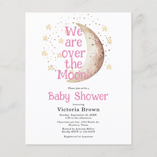 Budget Over the Moon Roze Meisje Baby shower Kaart (Voorkant)