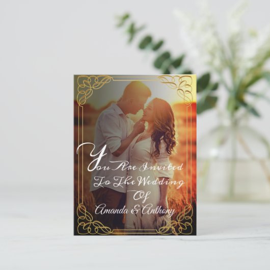 Budget overlay foto elegant bruiloft uitnodiging (Staand voorkant)