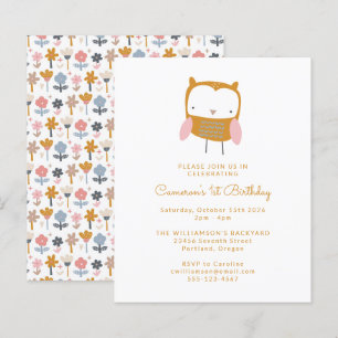 Budget Owl Flowers Simple 1st Birthday Invitation