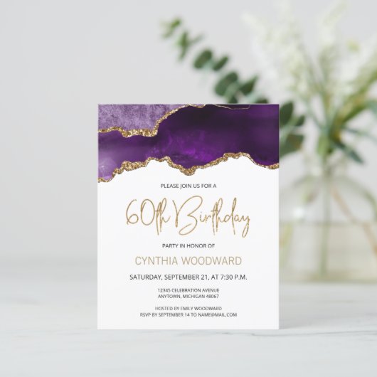 Budget Paars Agate Gold 60th Birthday Uitnodiging (Staand voorkant)