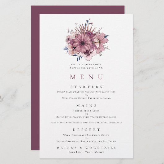 Budget Paars Berry Pink Florals Weddenschap Menu (Voorkant / Achterkant)