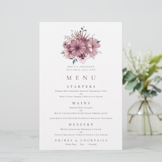 Budget Paars Berry Pink Florals Weddenschap Menu (Staand voorkant)