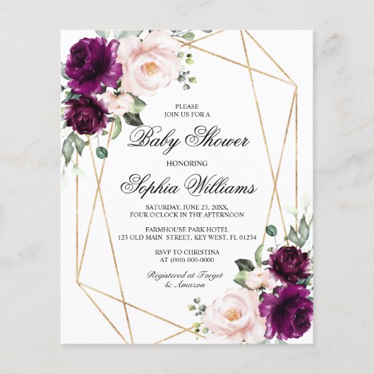Budget Paars & Blush Pink Baby shower Uitnodiging (Voorkant)