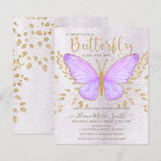 Budget Paars Butterfly Baby shower Invitation (Voorkant / Achterkant)