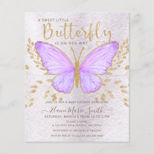 Budget Paars Butterfly Baby shower Invitation (Voorkant)