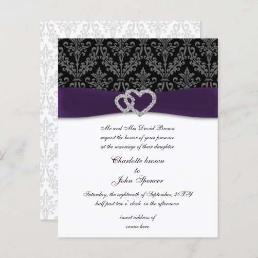 Budget Paars Damask Diamante Wedding-uitnodiging (Voorkant / Achterkant)