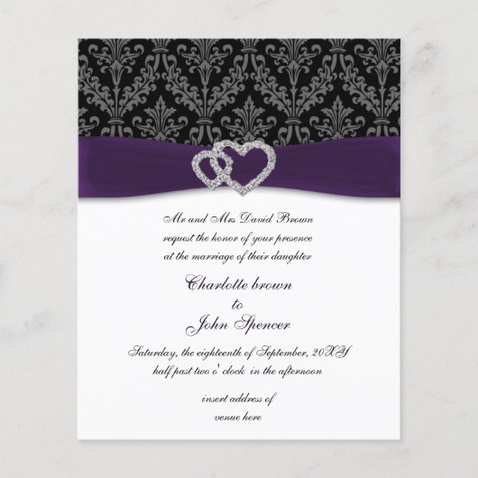 Budget Paars Damask Diamante Wedding-uitnodiging (Voorkant)