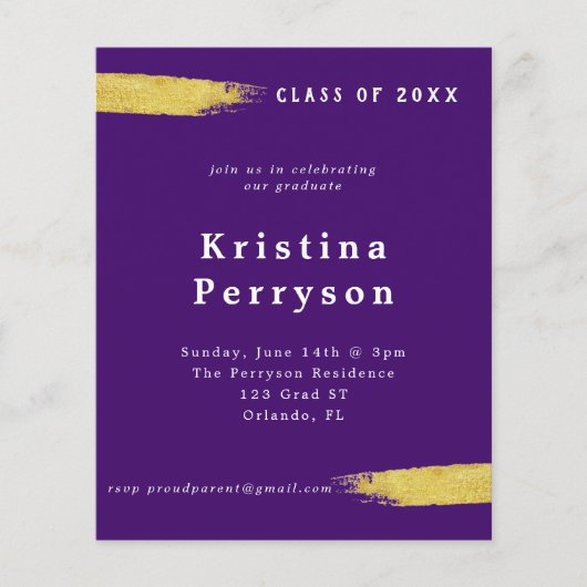 Budget Paars en Gold Afstuderen Uitnodiging (Voorkant)