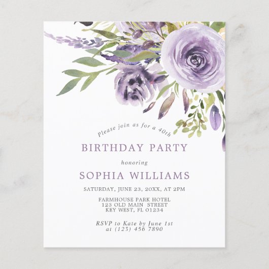 Budget Paars Floral Birthday Party (Voorkant)