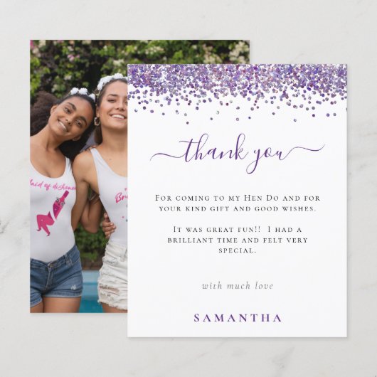 Budget Paars Glitter Foto Hen Party Dank u (Voorkant / Achterkant)