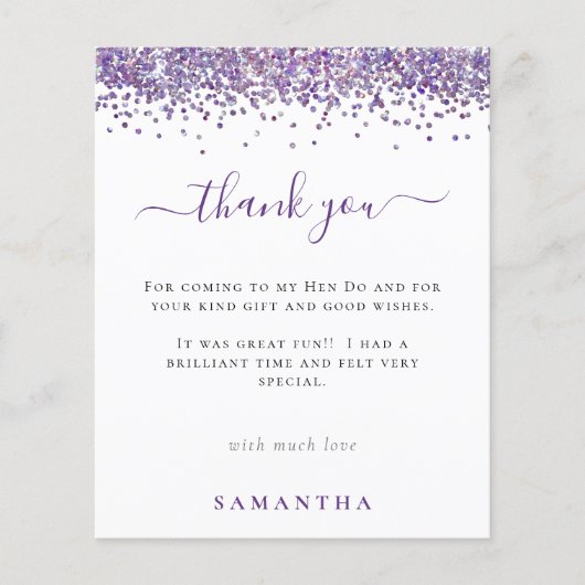 Budget Paars Glitter Foto Hen Party Dank u (Voorkant)