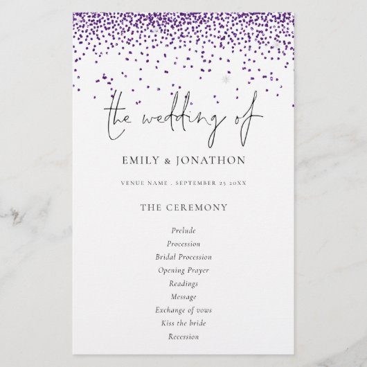 Budget Paars Glitter Script Wedding Programme (Voorkant)
