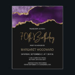 Budget Paars Gold Agate 70th Birthday Invitation<br><div class="desc">Deze trendy 70ste verjaardagsuitnodiging bevat een waterverf afbeelding van een geo van een geweer in de schaduw van paars met faux goudhoogtepunten. De woorden "70th Birthday" staan in faux goudglitter in decoratief modern handschrift. Pas het met de naam van de eer in gouden gekleurde teksten en de details in wit...</div>