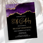 Budget Paars Gold Agate 80th Birthday Invitation<br><div class="desc">Deze trendy 80ste verjaardagsuitnodiging bevat een waterverf afbeelding van een geo van een geweer in de schaduw van paars met faux goudhoogtepunten. De woorden "80th Birthday" staan in faux goudglitter in decoratief modern handschrift. Pas het met de naam van de eer in gouden gekleurde teksten en de details in wit...</div>